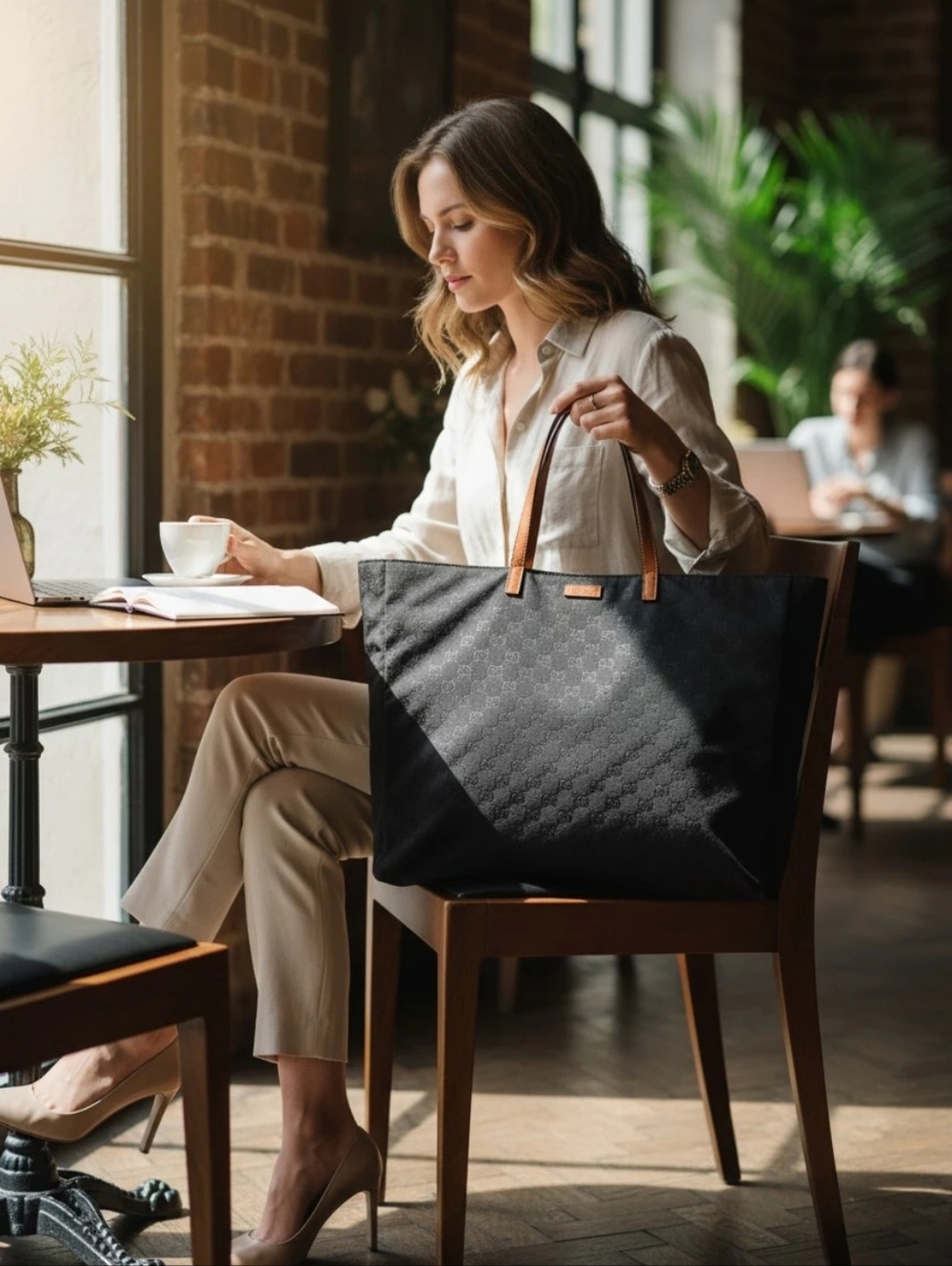 Gucci GG Nylon Tote Black with Brown Leather Handles - Picture 9 of 12